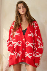 Oversized Ribbon Pullover Sweater Cardigan: CREAM/PINK