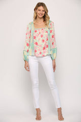 LACE INSERT MIXED PRINT SQUARE NECK TOP