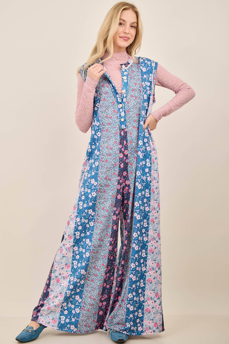 Petal Diary Terry Button Henley Jumpsuit