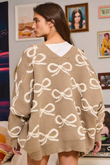 Oversized Ribbon Pullover Sweater Cardigan: CREAM/PINK