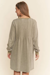 Pleated Round Neck Long Sleeve Sweater Dress