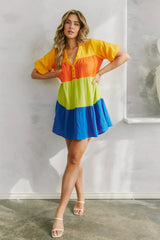 Color Block Tiered Shirt Dress: ORANGE MULTI