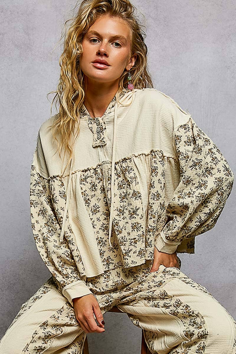 Vintage Washing Double Gauze Floral Printed Hoodie Top with matching pants