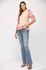 CONTRAST WOVEN SLV & HEM CREW NECK SWEATER