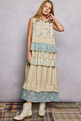 Shirt Neck Crochet Floral Lace Ruffle Rayon Maxi Dress