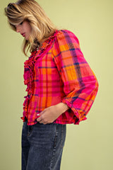 Hot pink plaid cotton linen top