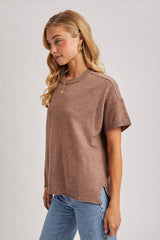 CREW NECK KNIT T-SHIRT: MOCHA