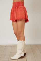 Washed Denim Smocked Shorts