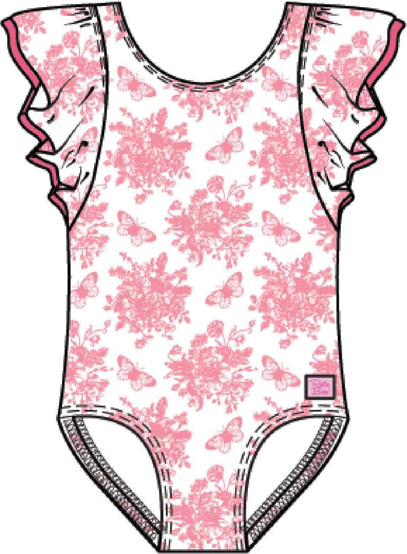 Girls Bubblegum Pink Butterfly Garden Toile Butterfly Sleeve One Piece