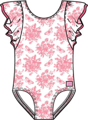 Girls Bubblegum Pink Butterfly Garden Toile Butterfly Sleeve One Piece