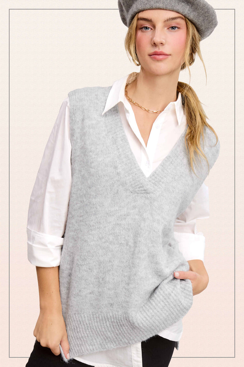 Oversized Soft Knit Sweater Vest with Side Slit