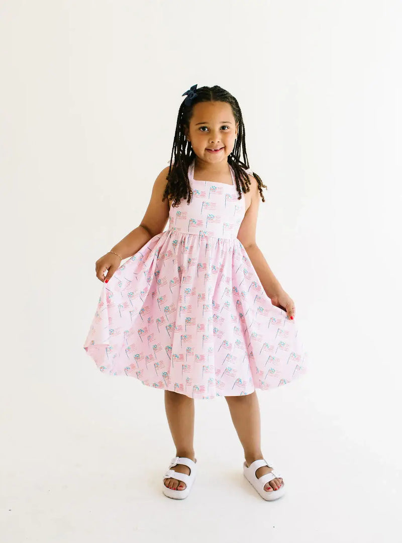 Rosita Dress in Pink Flags | Girls Pocket Twirl Dress