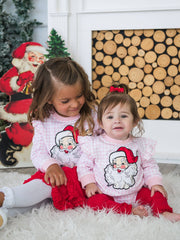 Baby Girls Dear Santa Pink Gingham Applique Sweatshirt Bubble Romper