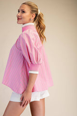Mock Neck Band Puff Sleeve Blouse