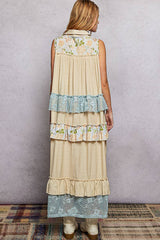 Shirt Neck Crochet Floral Lace Ruffle Rayon Maxi Dress