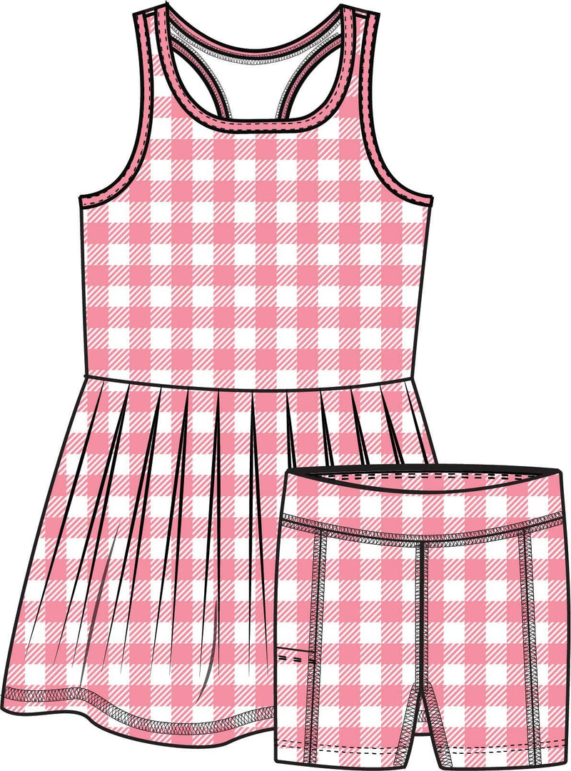 Girls Bubblegum Gingham Pleated Skirt Active Dress & Bike Short Set