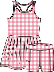 Girls Bubblegum Gingham Pleated Skirt Active Dress & Bike Short Set
