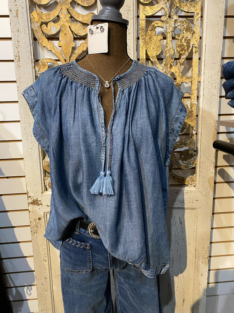 Smocked neck denim top