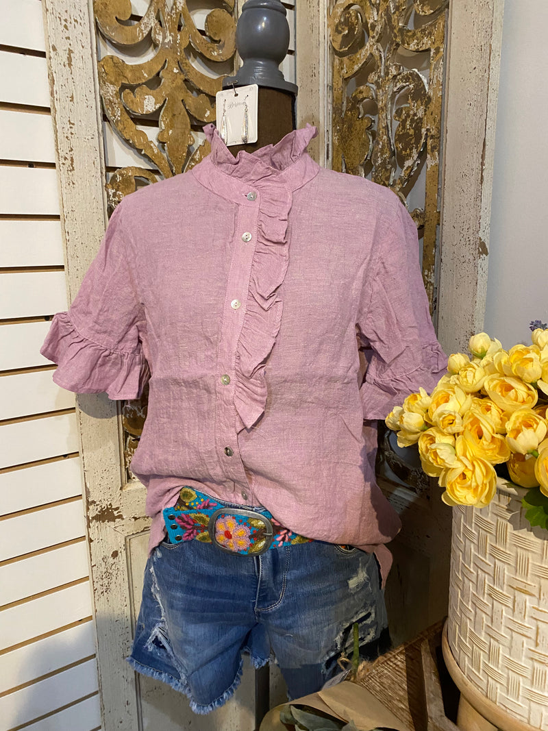 Crossed Eyed Linen top-Lilac