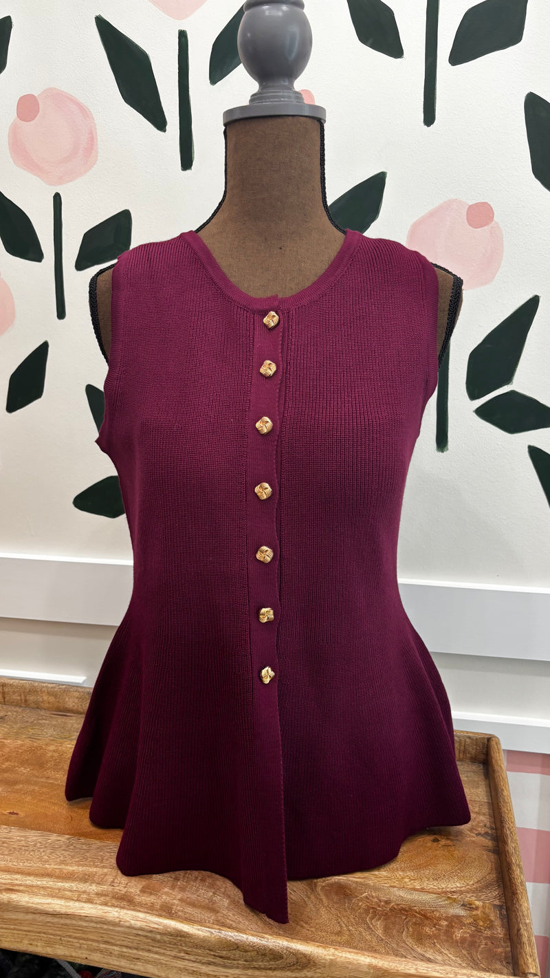 Wine peplum top with gold buttons