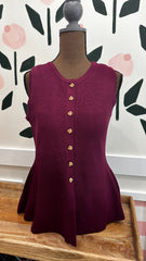 Wine peplum top with gold buttons