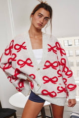 Oversized Ribbon Pullover Sweater Cardigan: CREAM/PINK