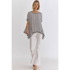 Stripe print round neck short sleeve top