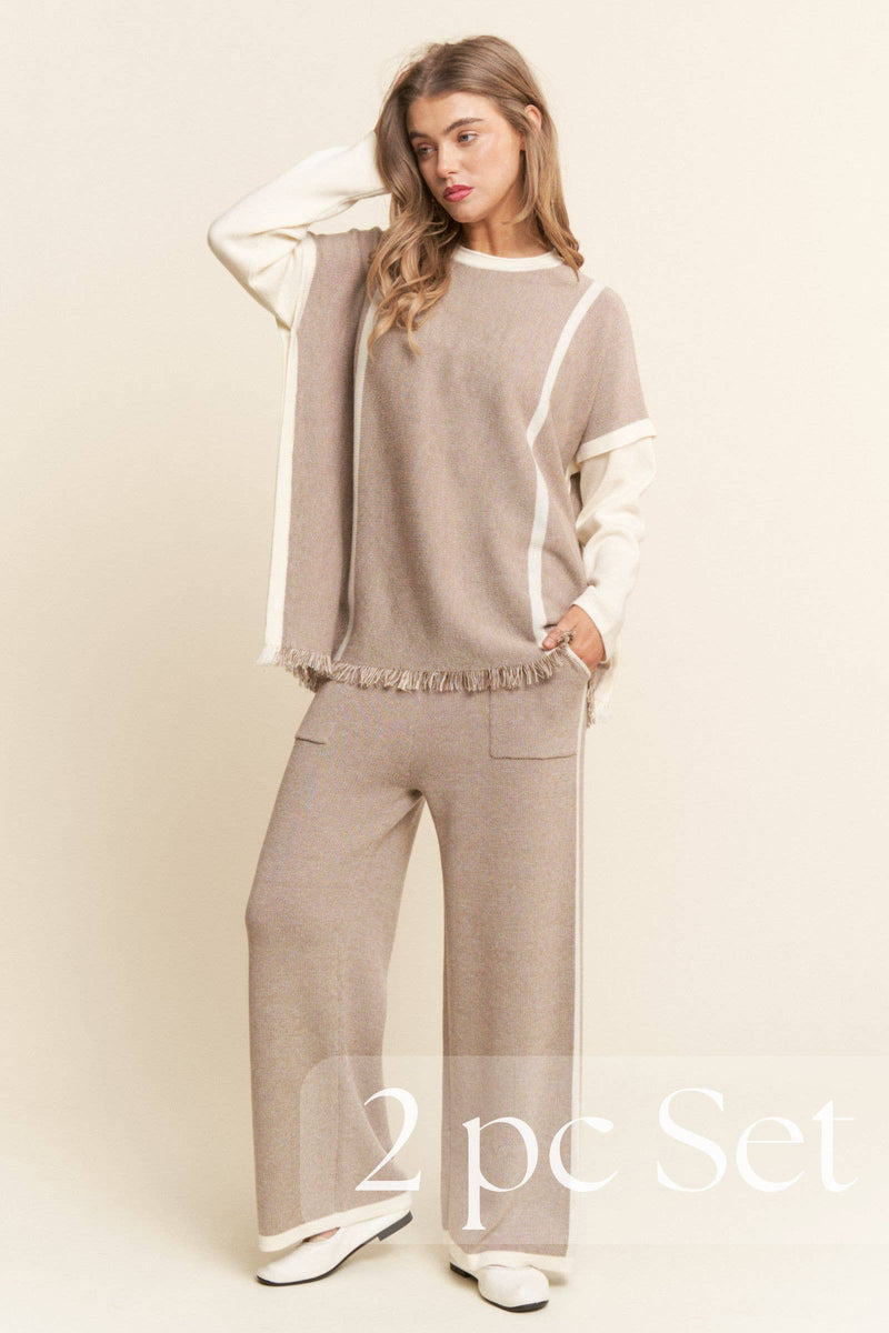 2PC Knit Set Fringe Top Wide Leg Bottoms