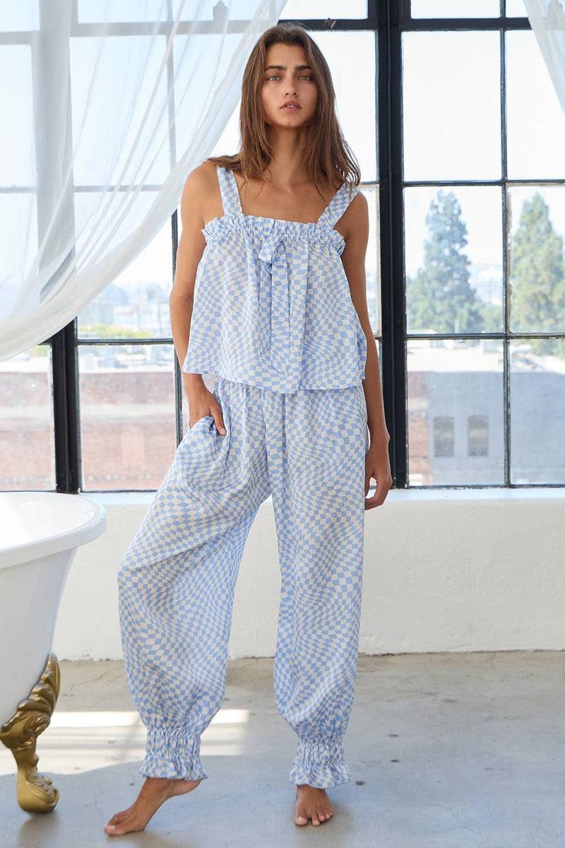 T2427-SET Checker Geometric Ruffled Pajama Tank & Pants Sets