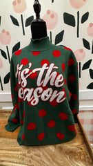 QOS Green and red polka dot button”tis the Season”