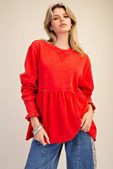 Terry washed LS ruffled detail top