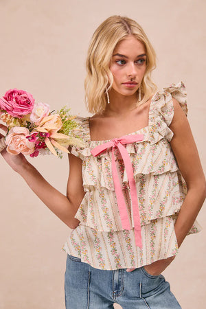 Floral print bow tied ruffle top