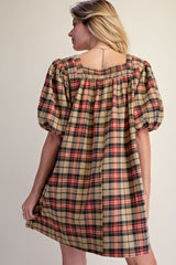 Bubble sleeve plaid dress