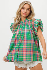 Plaid Check Flutter Button Up With Smocked Yoke