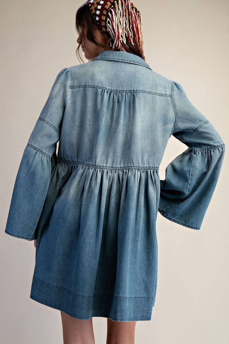 Denim shirt dress with bell sleeve