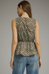 Mint/brown dot tie front shirt
