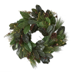 30” magnolia wreath with pine and berries
