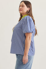 Blue gingham mix top (plus only)