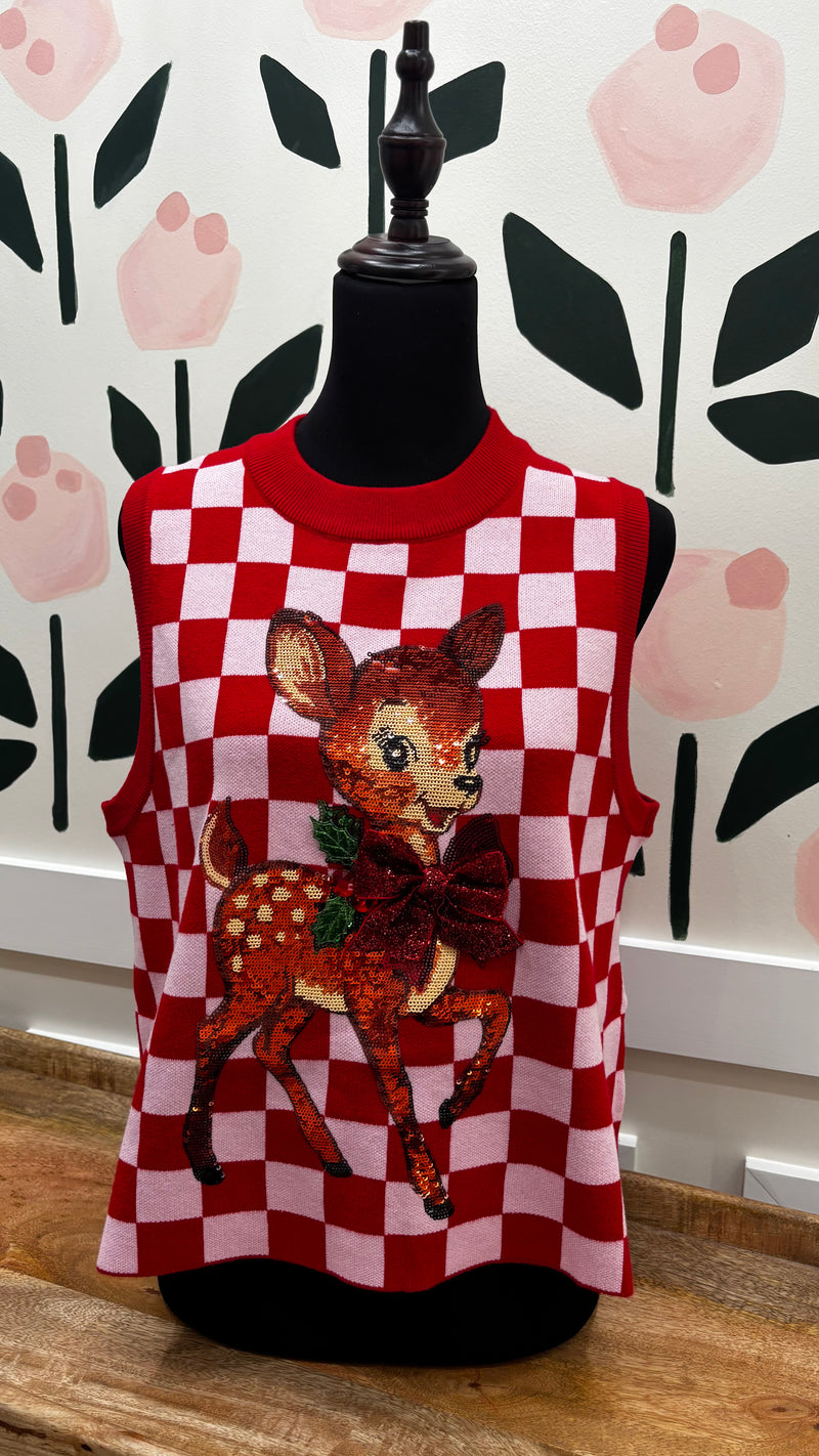 QOS red and pink check reindeer sweater