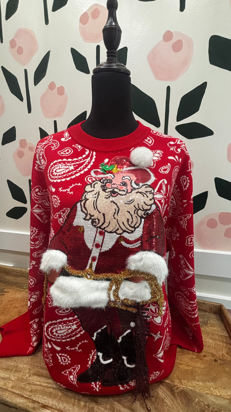 QOS Red and White print cowboy Santa