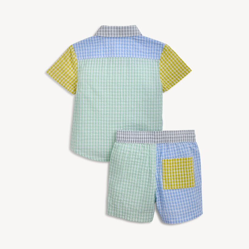 Multi gingham collared shirt and short set