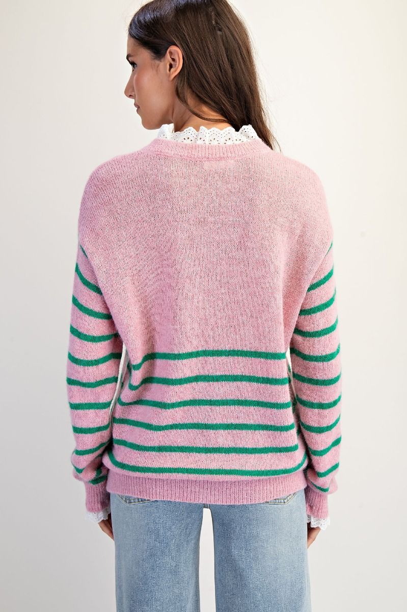 Pink and green striped sweater with lace detail