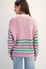 Pink and green striped sweater with lace detail