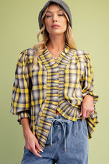 Yellow plaid ruffle down top