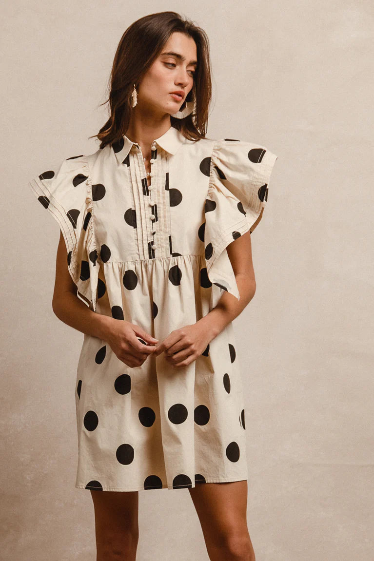 Woven dot print ruffle dress