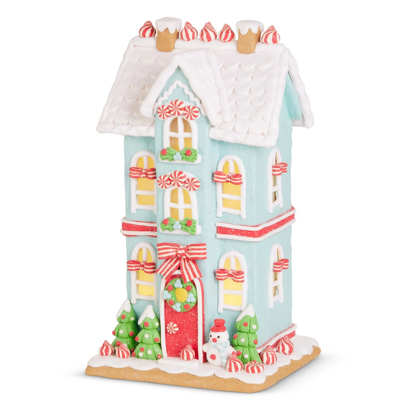 13” blue snowman gingerbread house