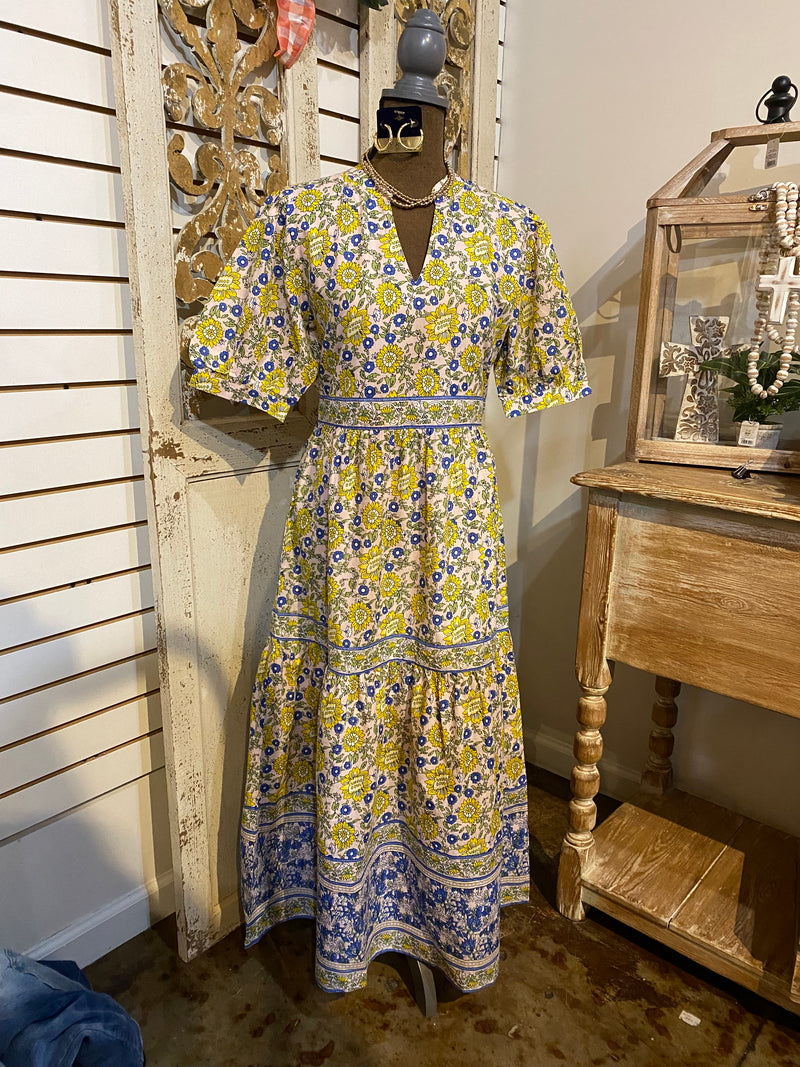 Banded block print dress