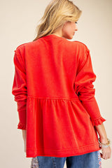 Terry washed LS ruffled detail top