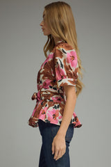Pink and brown floral tie front shirt