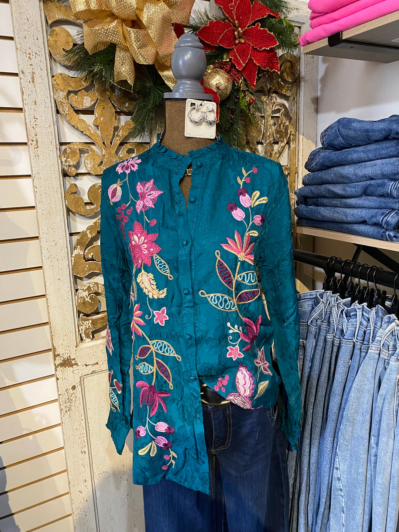 Green ruffled collar blouse